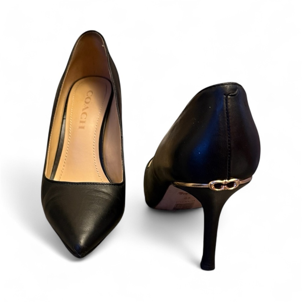 Coach Black Leather Pointed Toe Stiletto Heels with Gold Accent